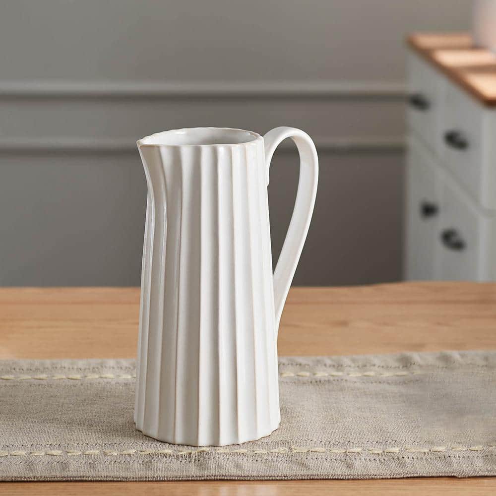 Fluted Flair White Ceramic Pitcher Vase