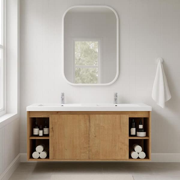 Modland Yunus 47 in. W x 18 in. D x 20 in. H Double Sink Floating Bath Vanity in Imitative Oak with White Cultured Marble Top