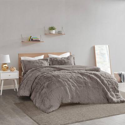 Leena 2-Piece Grey Textured Shaggy Faux Fur Polyester Twin/Twin XL Comforter Set