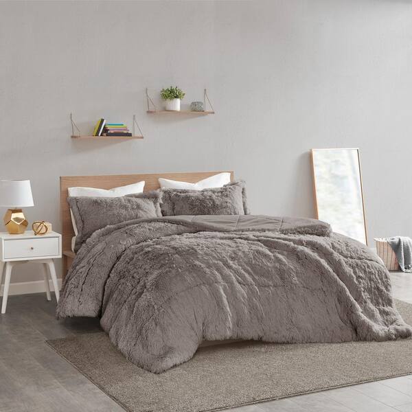 Intelligent Design Leena 2-Piece Grey Textured Shaggy Faux Fur Polyester Twin/Twin XL Comforter Set