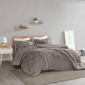 Leena 3-Piece Grey Textured Shaggy Faux Fur Polyester Full/Queen Comforter Set
