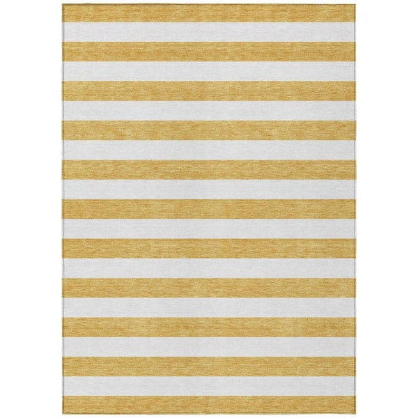 Gold 8 ft. x 10 ft. Woven Striped Polyester Rectangle Indoor/Outdoor Area Rug