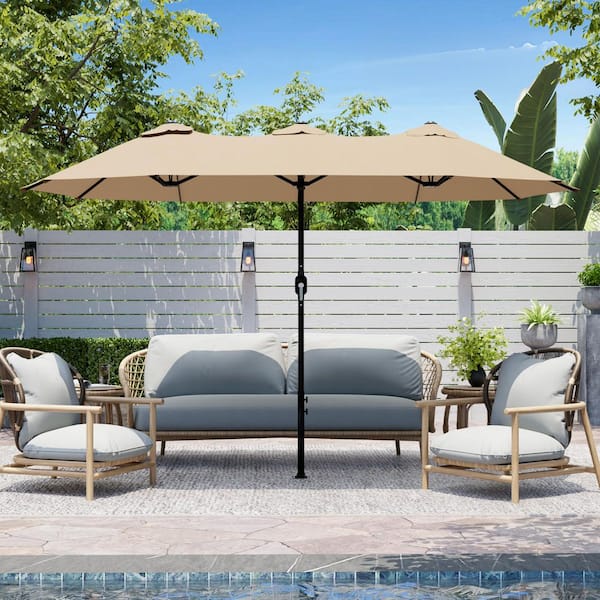 12.5 ft. x 6.6 ft. Market Double-Sided Patio Umbrella Steel Frame Garden Large Waterproof Twin Umbrella in Beige