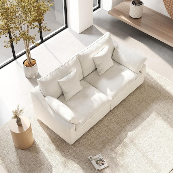 Modular Large Seat 83 in. Plush Linen Wood Framed Loveseat Cloud Couch Sofa in White with Washable Cover for Apartment