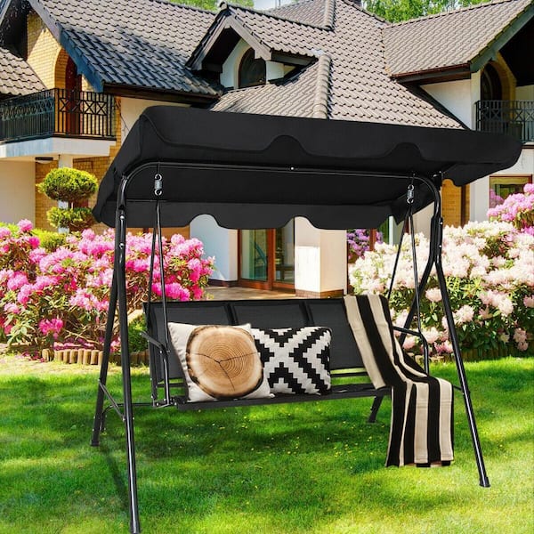 WELLFOR Black 3 Person Metal Porch Swing with Adjustable Canopy OP