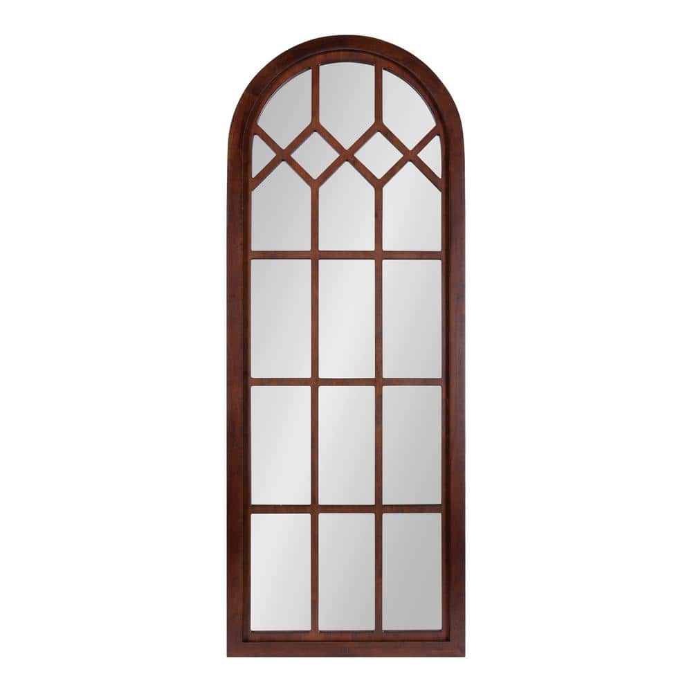 Walnut Brown Arched Wood Framed Windowpane Wall Mirror