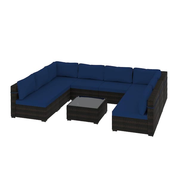 Brown 9-Pieces PE Rattan Wicker Patio Conversation Set Furniture with Coffee Table for Backyard, Navy Blue