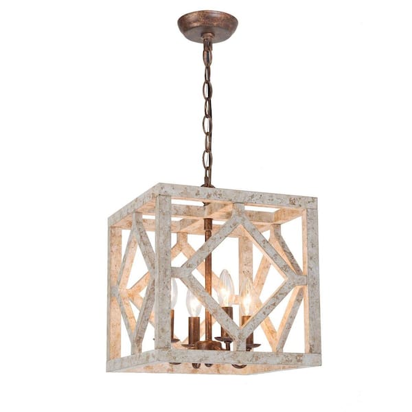 Unbranded Farmhouse 4-Light Distress Wood and Bronze Square Cage Chandelier for Bedroom with No Bulb Included