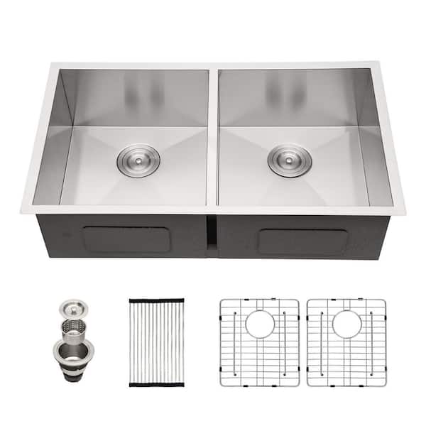 33 in. Undermount Double Bowl 18-Gauge Stainless Steel Kitchen Sink Under Counter Kitchen Basin with Bottom Grids
