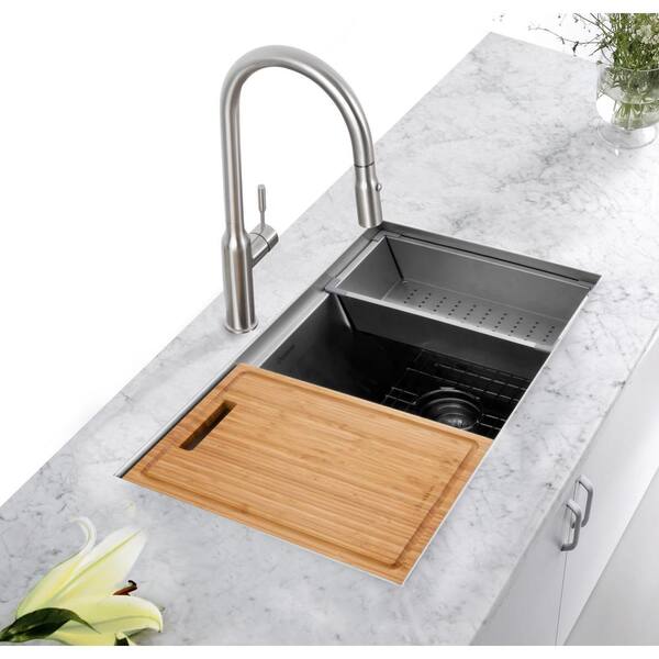 Glacier Bay All In One Undermount Stainless Steel 27 In Single Bowl Kitchen Workstation Sink With Faucet And Accessories Kit 4303f 1 The Home Depot