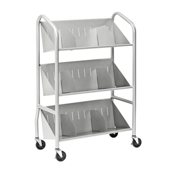 Buddy Products 29 in. W Sloped 3-Shelf Book Cart with Dividers in Silver