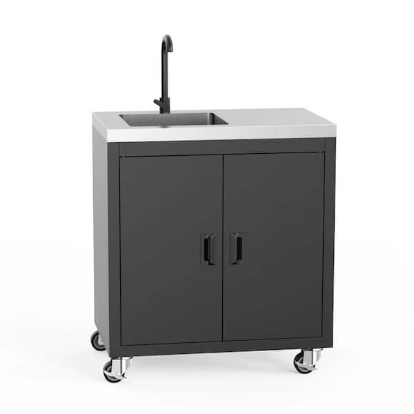 34.5 in. Heavy-Duty Freestanding Stainless Steel Utility Sink Laundry/Utility Sink in Black with Cabinet and Wheels