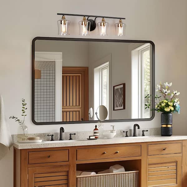 20.5 in. Modern 4-Light Black Bathroom Vanity Lights Brass Gold Bath Lighting Seeded Glass Shade Wall Sconce