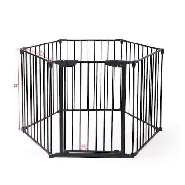 Amu Colo 6-Panel Black Metal Foldable 5-in-1 Extra Wide Barrier Gate Baby Playpen Fireplace Safety Fence with Walk-Through Door