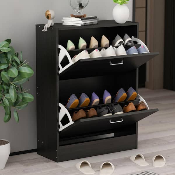 FUFU&GAGA Wood Shoe Storage Cabinet Shoe Rack Storage Organizer Black Gold  With 3-Drawers, 6-Foldable Compartments Max 24-Pairs KF020221-01-xin - The  Home Depot