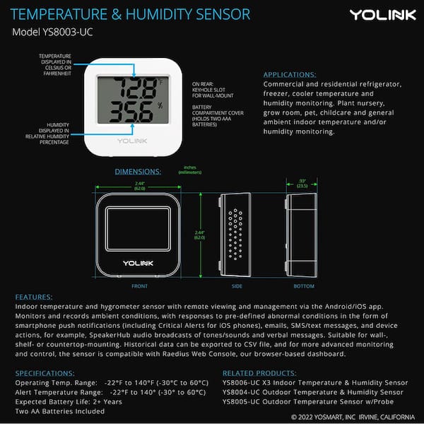 YoLink Smart Temperature Humidity Sensor Works w/Alexa IFTTT, 1/4