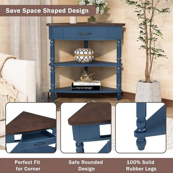 Noble House Azalea 33.86 in. Navy Blue Triangular Wood Corner End