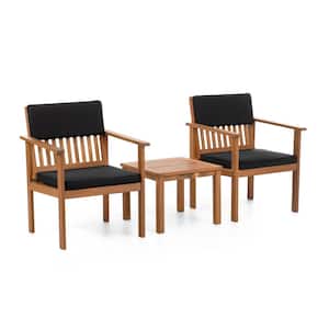 Noto 3-Piece Acacia Wood Small Space Patio Conversation Set With Black Cushion