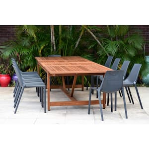 Fiji 11-Piece Eucalyptus Wood And Resin Patio Rectangular Dining Table Set Ideal for Outdoors, Brown