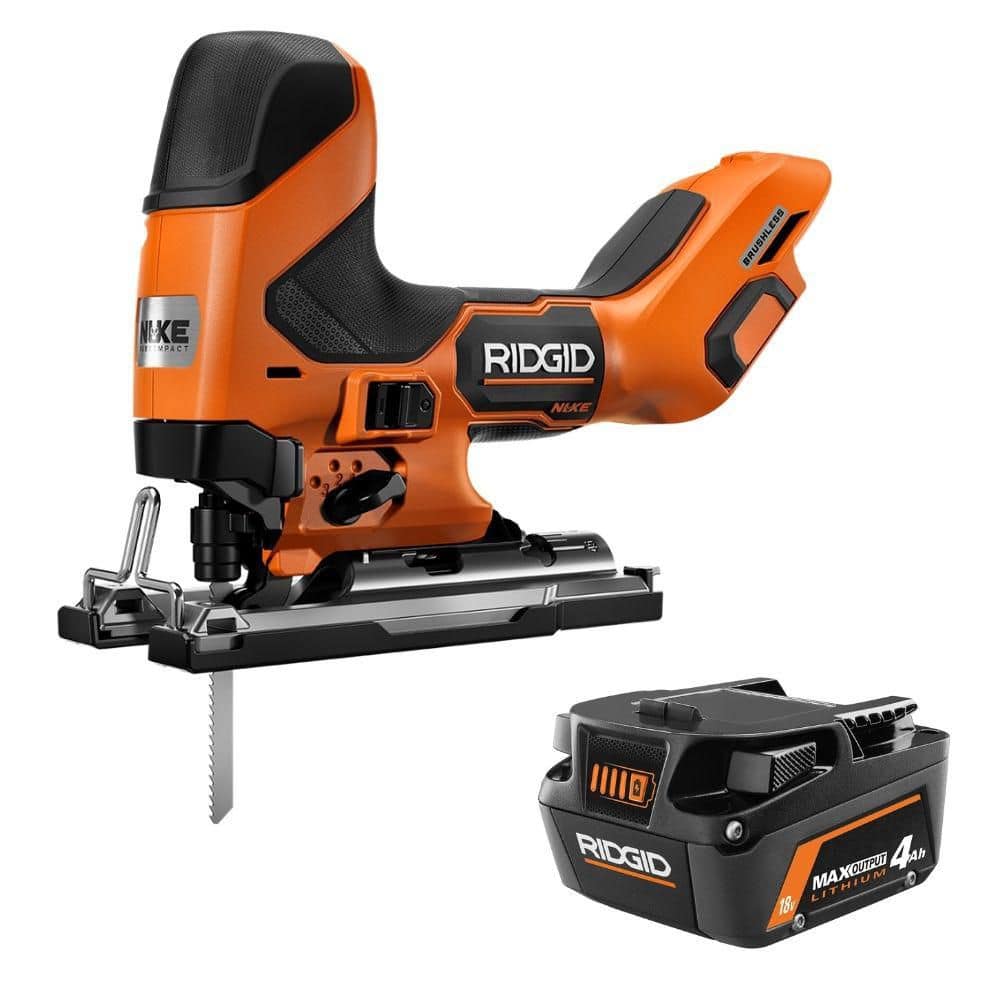 RIDGID 18V NUKE SubCompact Brushless Cordless Barrel Grip Jig Saw w/ 18V 4.0 Ah MAX Output Lithium-Ion Battery (RNKSJS01R840040)