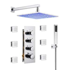 Luxury LED Thermostatic 3-Spray Patterns 12 in. Wall Mount Handheld Shower Head 2.5 GPM with 6-Jet in Chrome