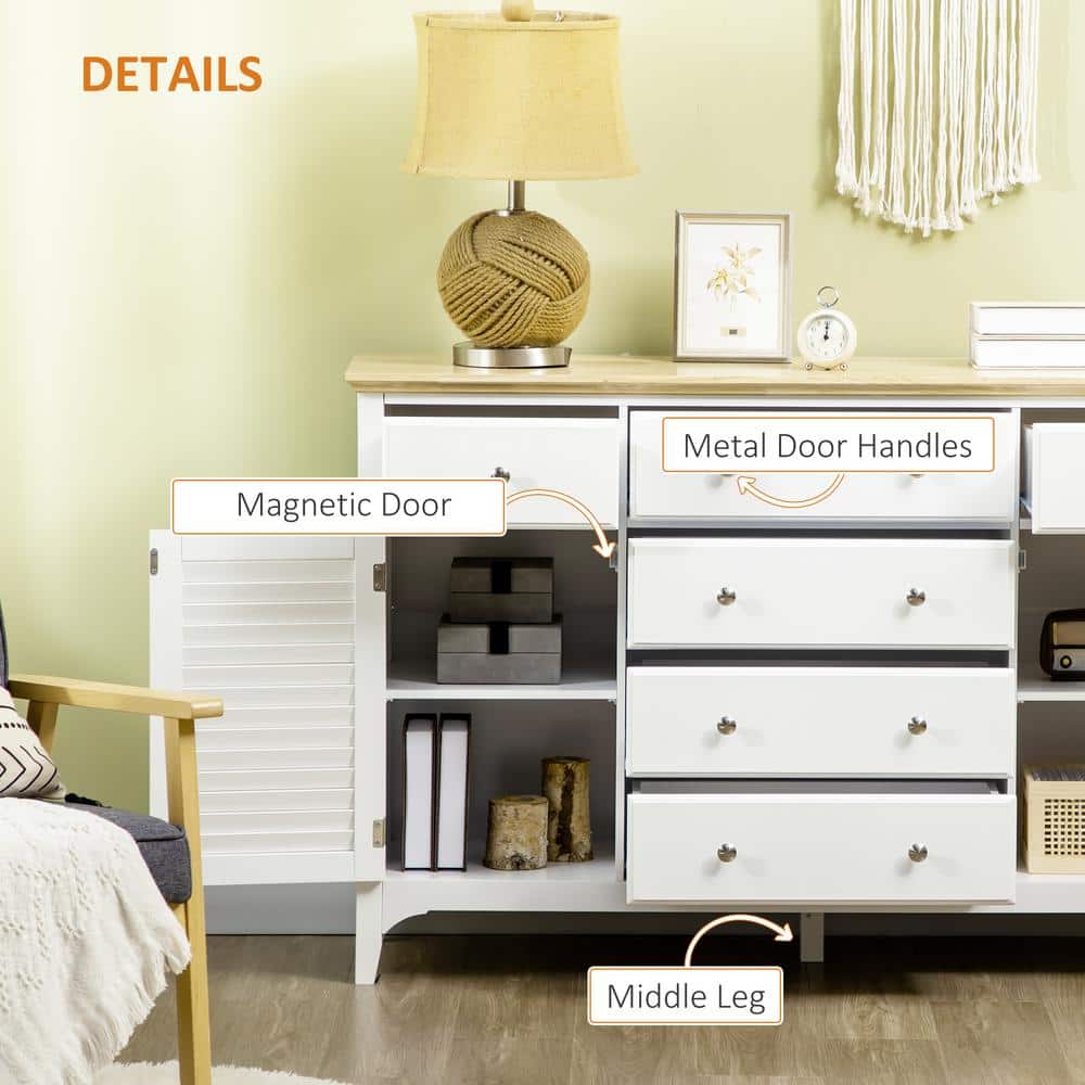 Modern White Sideboard Buffet with Adjustable Shelves and Rubberwood Top