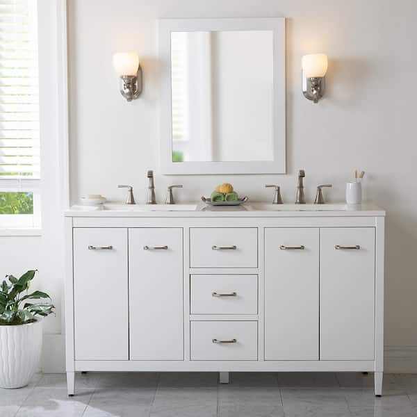 Home Decorators Collection Marrett 60 in. W x 19 in. D x 35 in. H Double Sink Freestanding Bath Vanity in White with White Cultured Marble Top