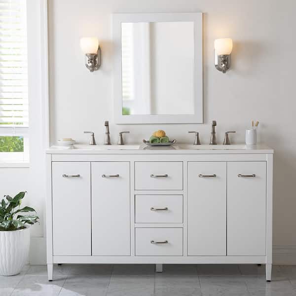Marrett 61 in. Double Sink White Bath Vanity with White Cultured Marble Top (Assembled)