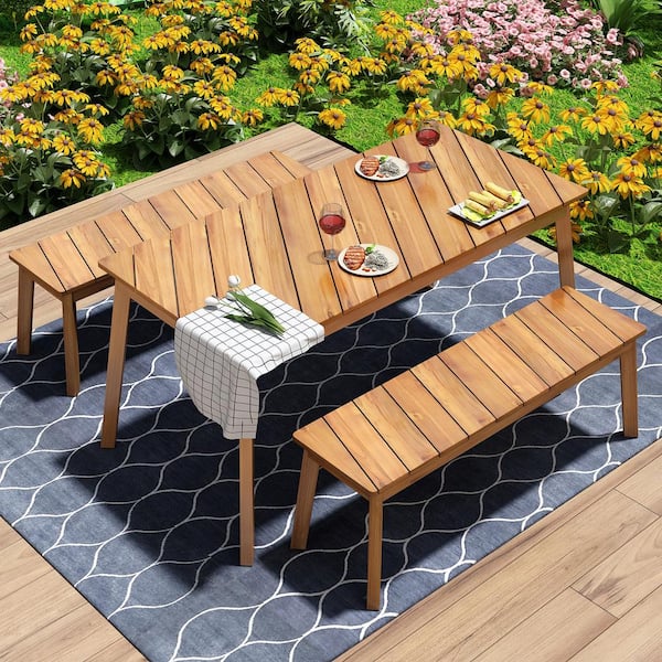 Unbranded 3-Pieces Brown Acacia Wood Table Bench Set for Outdoor Dening Set with 2 Benches and Picnic Beer Table