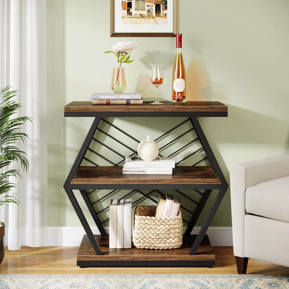 Rustic Brown Wood and Black Metal 3-Tier End Table