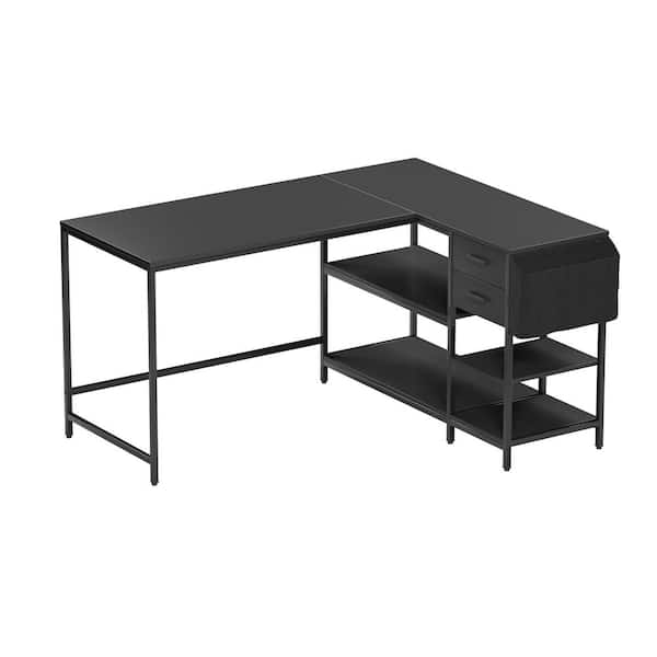 55 in. L-Shaped Black 2-Drawer Desk with Shelves