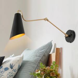 1-Light Modern Brass Gold Wall Sconce Industrial Vanity Light with Black Cone Metal Shade with Adjustable Swing Arm
