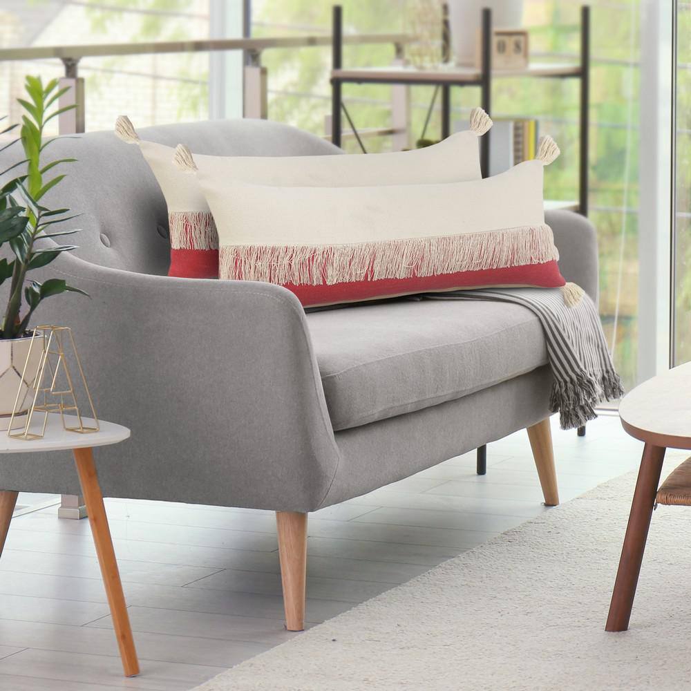 Raspberry Red and Off-White Cotton Lumbar Throw Pillow, 14" x 36"