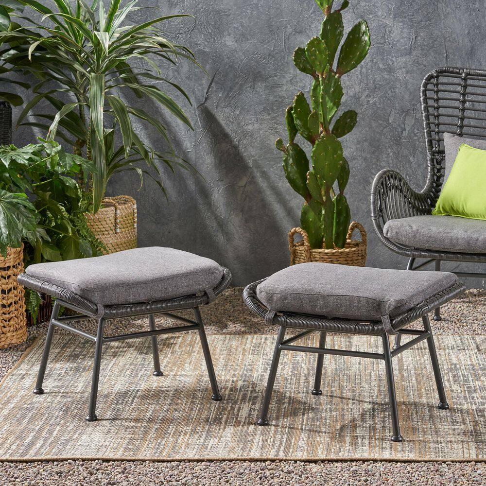 Modern Wicker Outdoor Ottoman with Gray Cushions (Set of 2)