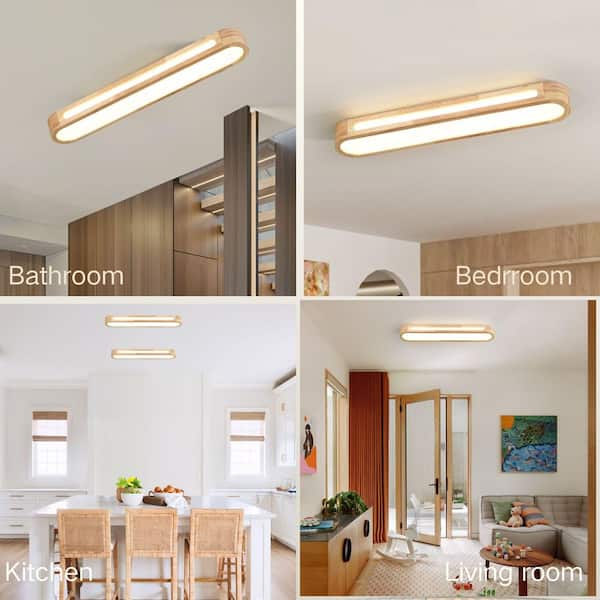 HUOKU Lumin 31.5 in.W Wood Integrated LED Flush Mount Round Long