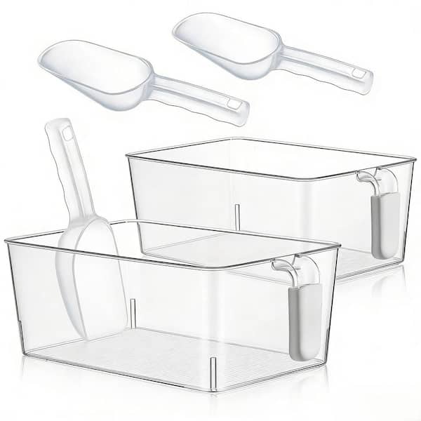 4-Piece Grey Plastic Ice Bin and Scoop Set with Pull-Out Handles for Freezer, Clear Storage Bucket