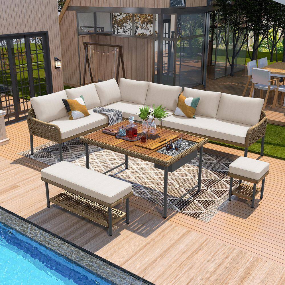 6-Piece Wicker Outdoor L-Shaped Ice Box Acacia Wood Table Furniture Sectional Set with Beige Cushion and Rope Bench price history on PriceWatchPro