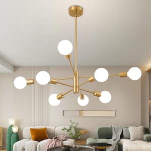 8-Light Vintage Gold Linear Sputnik Chandelier for Living Room, Mid Century Ceiling Lights without Glass Shade and Bulb