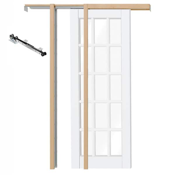 60 in. x 80 in. 15 Lite Clear Glass White Primed Pine Wood Pocket Door with Soft Close & Frame Kit Set, No Pre-Drilling