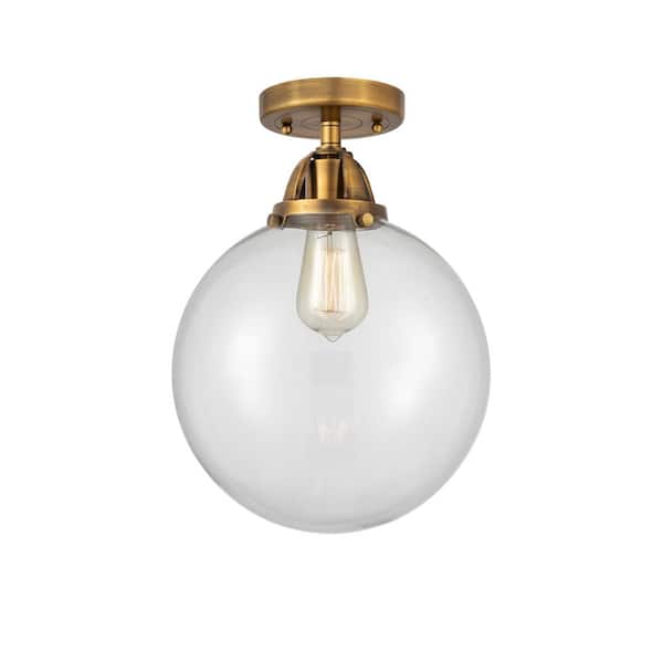 Beacon 12 in. 1-Light Brushed Brass Industrial Semi-Flush Mount with Clear Glass Shade