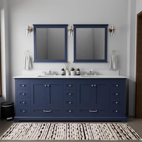 Lexora Dukes 84 in. W x 22 in. D Navy Blue Double Bath Vanity, White Quartz Top, and 34 in. Mirrors