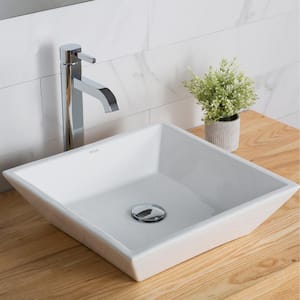 Flat Square Ceramic Vessel Bathroom Sink in White