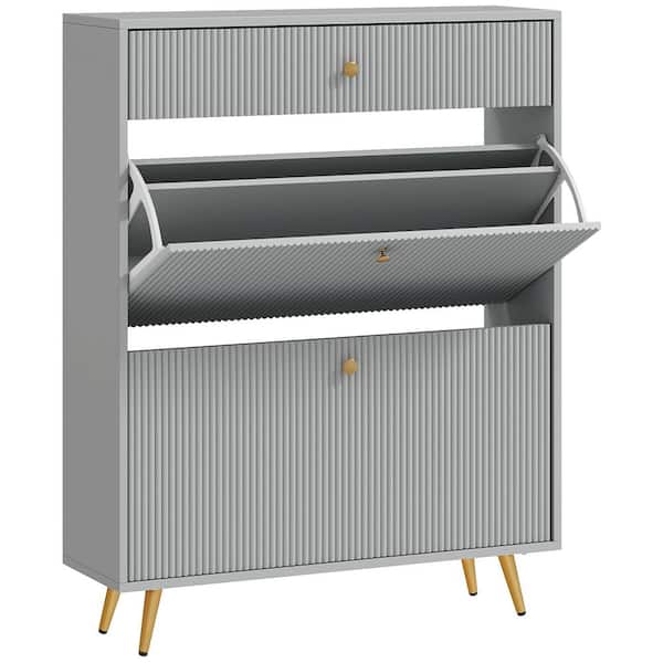 Narrow Shoe Cabinet for Entryway, Modern Shoe Storage Cabinet with Wave-like Panels, 2 Flip Drawers