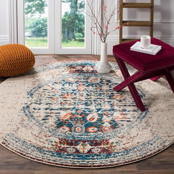 Monaco Ivory/Blue Doormat 3 ft. x 3 ft. Round Border Area Rug