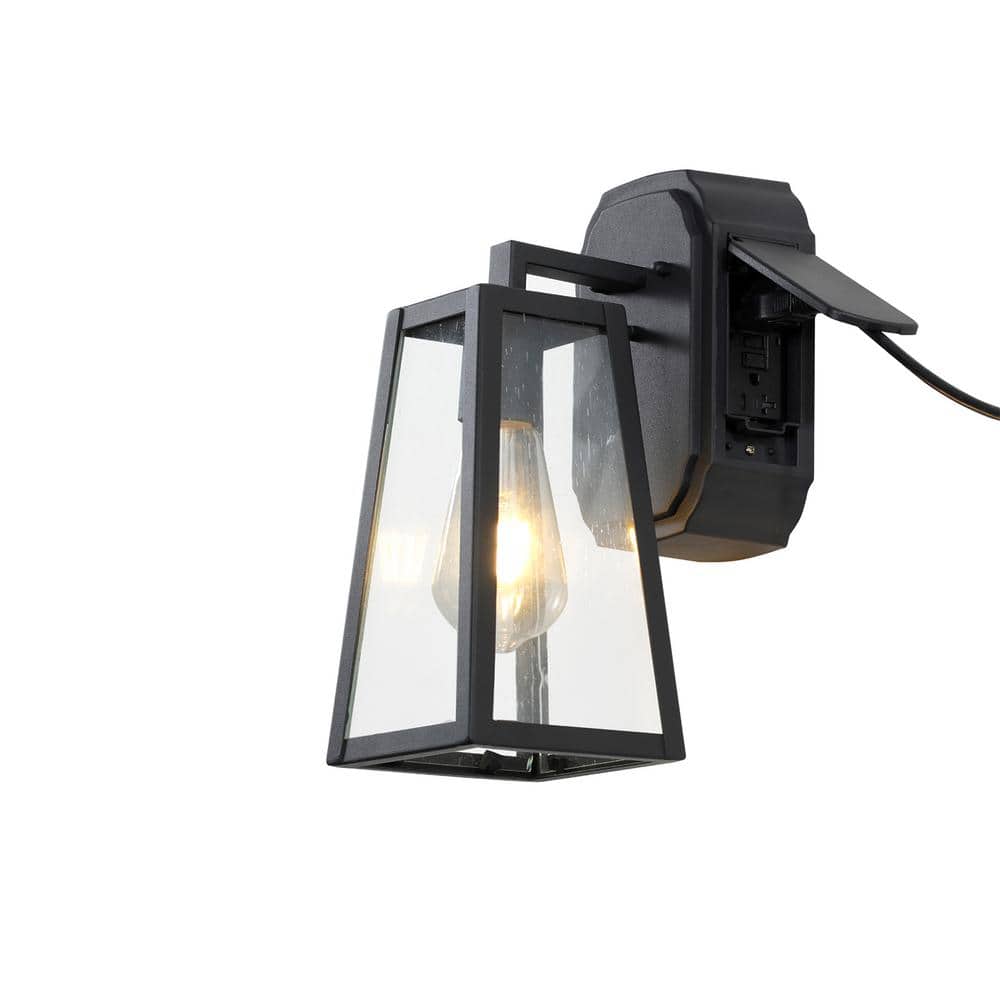 1-Light Outdoor Matte Black Hardwired Lantern Wall Sconce Light with Socket