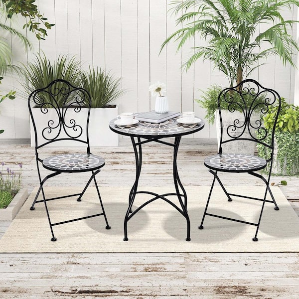 3-Pieces Metal Round Outdoor Bistro Set Mosaic Pattern Heavy-Duty Metal Dining Folding