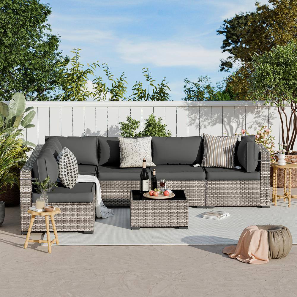 7-Piece Gray Wicker Outdoor Patio Conversation Set with Gray Cushions