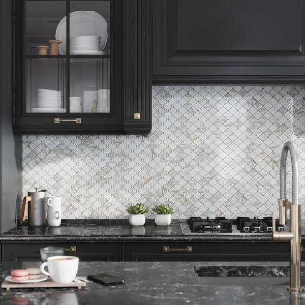 Serena 10 in. x 11 in. Polished White Gray Marble Mosaic Arabesque Wall and Floor Tile (3.75 sq. ft./case)-5 Pack