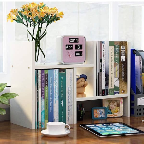 White Desk Organizers and Storage Small Desktop Bookshelf Length Expandable  Desk Organization Shelves Counter Corner Book Shelf Adjustable Narrow Book