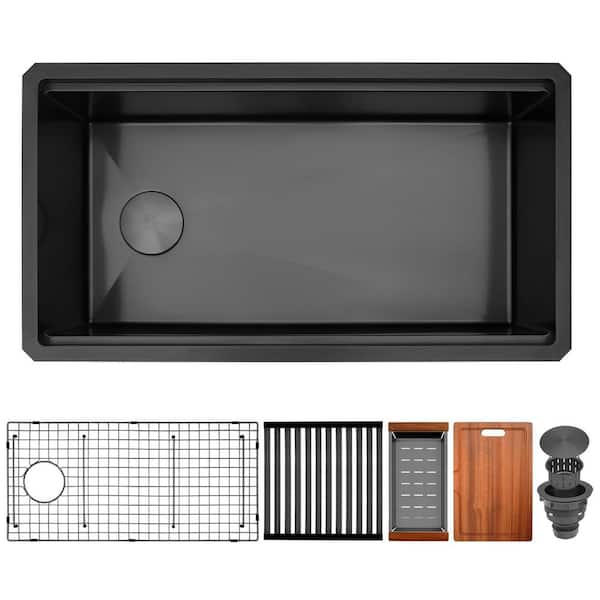 33 in. x 18 in. Black Undermount Kitchen Sink,16 Gauge Stainless Steel Single Bowl Workstation Sink, Modern Kitchen Sink